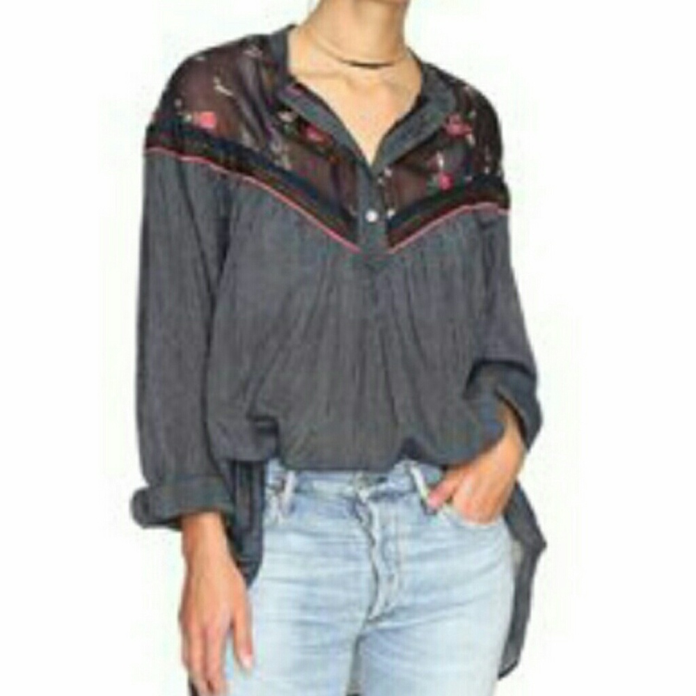 🆕Free People Floral Accent Blue Cotton Top - Picture 2 of 7